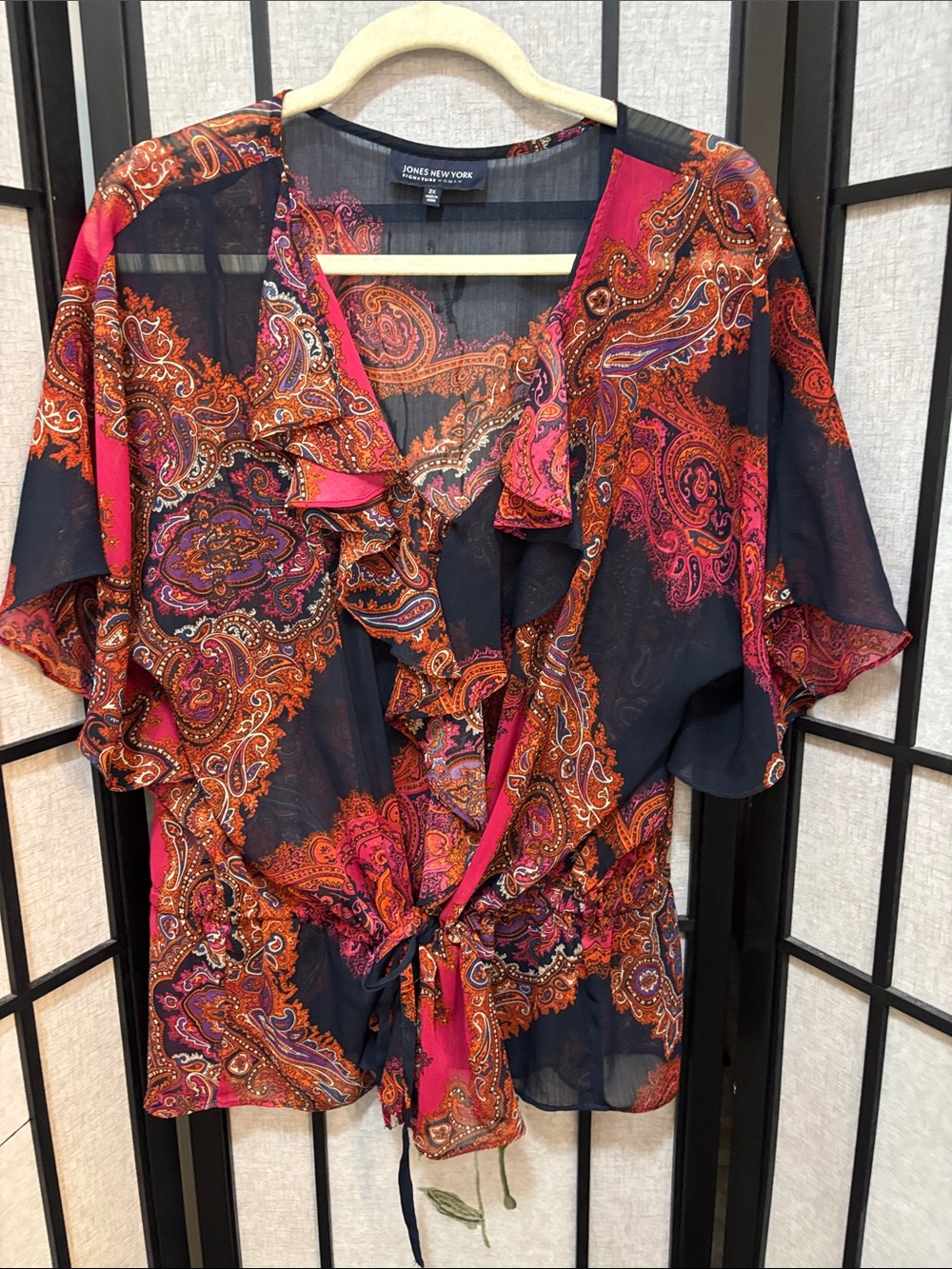 Jones New York Navy, Pink & Orange Paisley Ruffle Wrap Blouse